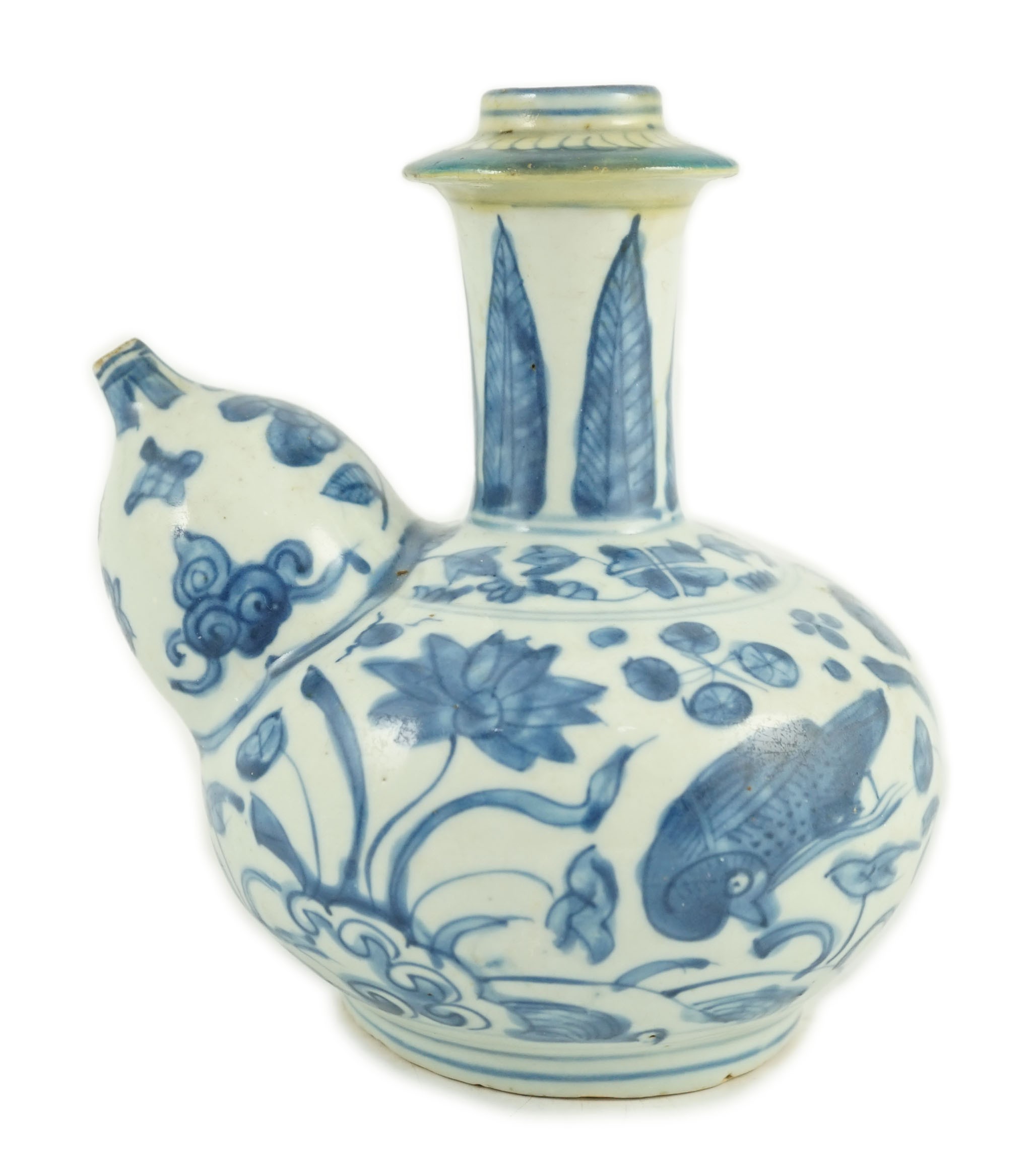 A Chinese late Ming blue and white ‘bird and lotus’ kendi, 16.5 cm high, areas of restoration